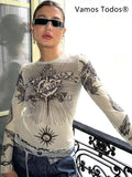 Gothic Graphic Full Sleeve Sheer Top