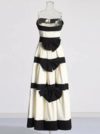 Colorblock Patchwork Bow Strapless Long Dress