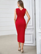 Red Metal Strapless Design Bodycon Midi Dress