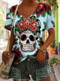 Floral Skull Vneck Tshirt