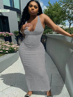 Ribbed Stripe Sleeveless V-neck Midi Dress