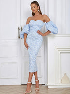 Flower Print Sky Blue VNeck Bodycon Lace Dress