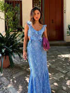 Blue Hollow Out Embroidered Midi Dress Women Summer V Neck Sleeveless Ruffle Long Dresses Elegant Fashion Holiday Vestidos