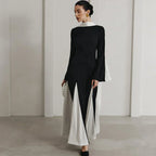 Ribbon Patchwork Pleated Long Dress