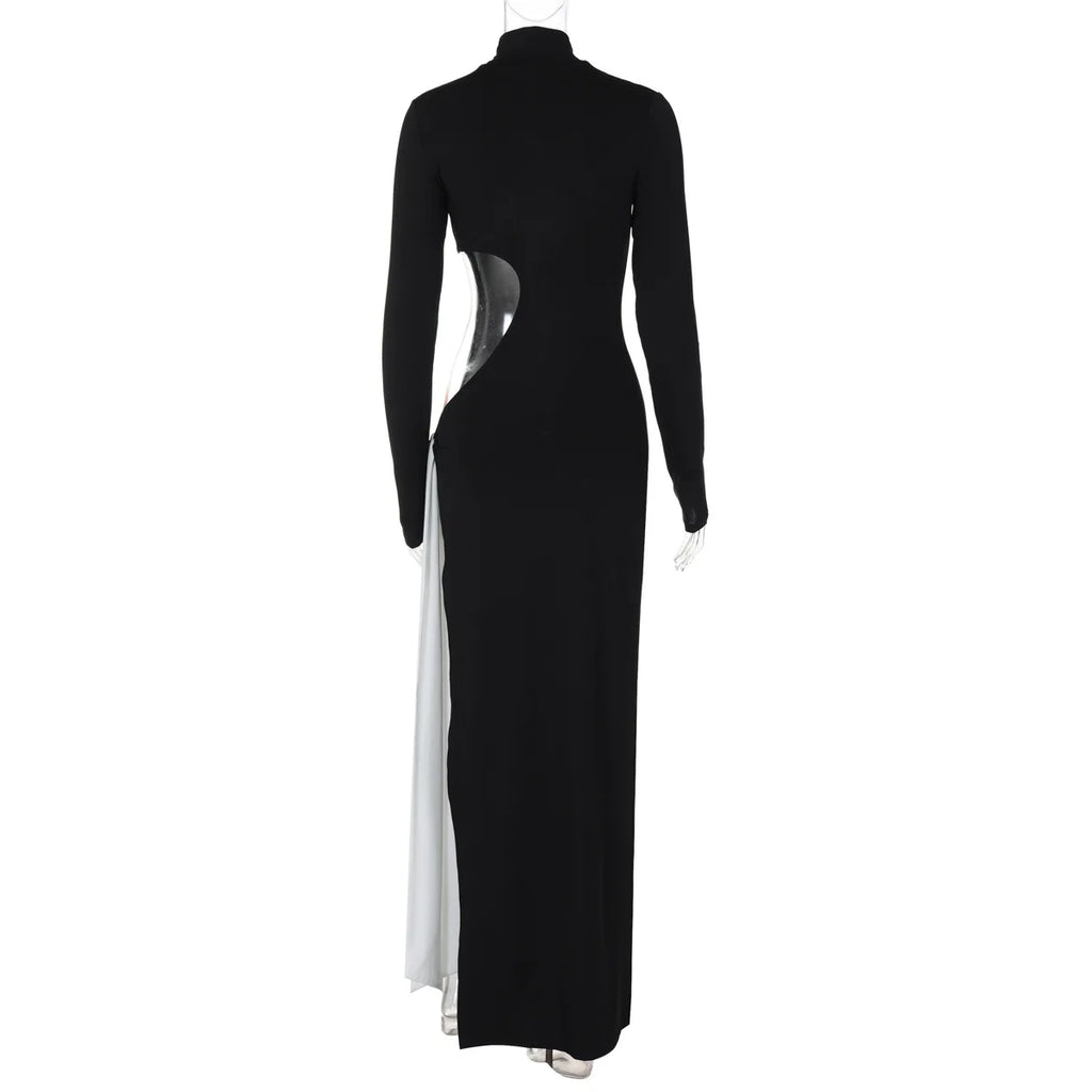 Turtleneck High Slit Contrast Color Ribbon Dress