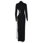 Turtleneck High Slit Contrast Color Ribbon Dress