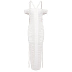 Slash Neck Pleated Braid Ribbon Long Dress