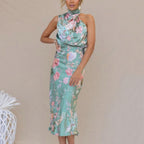 Olga Exclusive Backless Dress with Floral Pattern and Collar Statement Occasion Edit