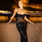 Sheer Mesh Spaghetti Strap Glitter Long Dress