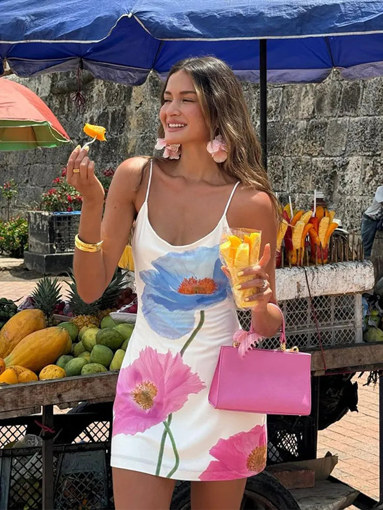 Fashion Flower Printed Women Sling Dress Elegant U neck Backless Bodycon Dresses Summer Lady Chic Beach Vacation Robes 2024