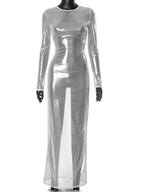 O - neck Full Sleeve Solid Color Mesh Dress