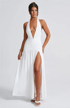 Open Back Solid Thigh High Split Long Dress