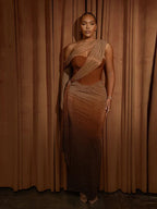 One Shoulder Draped Glitter Brown Maxi Dress