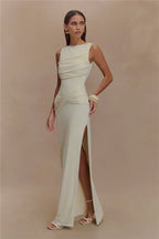 Backless Ruched O Neck Thigh High Split Long Dress