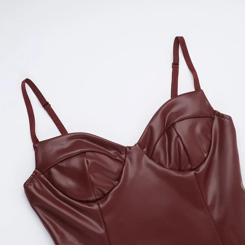 Solid PU Leather Splicing Strap Dress