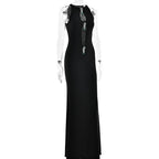 Hollow Out Pearl Tassel Black Long Dress