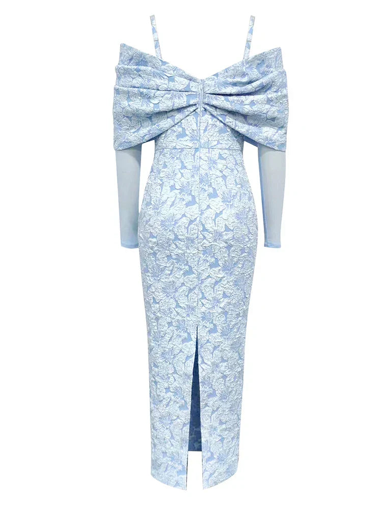 Sky Blue Mesh Sleeve Floral Dress