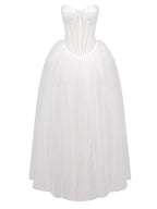 Strapless Mesh White A Line Maxi Long Dress