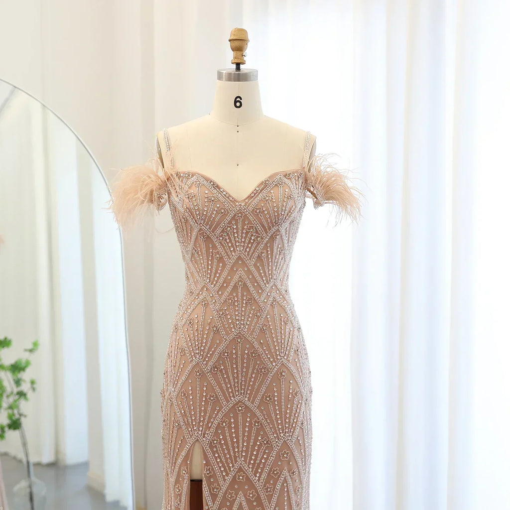 Feathers Beaded Long Prom Formal Gowns
