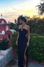 Solid Backless Halter Knit Slit Maxi Dress