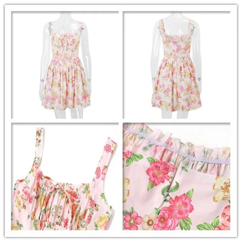 Flower Printed Open Back A - line Corset Mini Dress