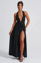 Open Back Solid Thigh High Split Long Dress