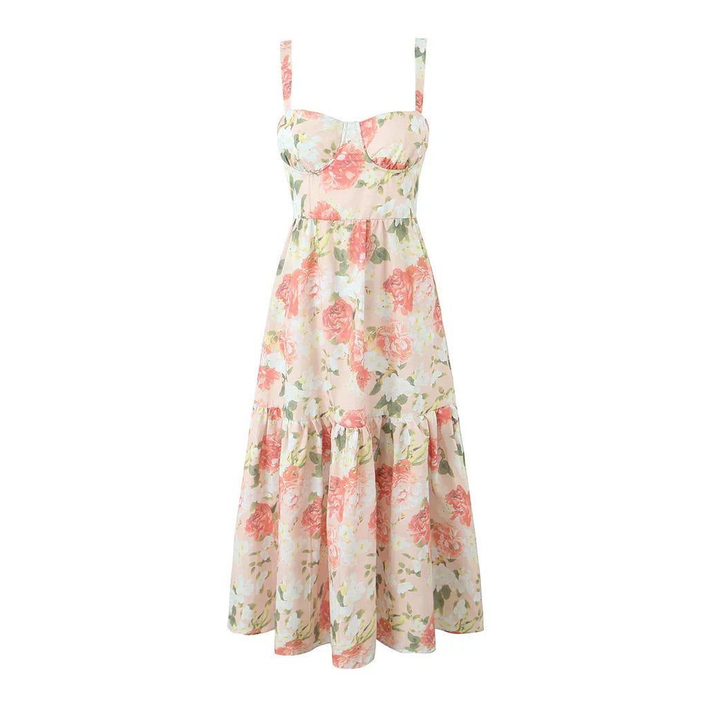 Floral Bra with Wire Corset Ruffles Midi Dress