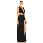 Deep V Cut Out Slit Asymmetrical Long Dress
