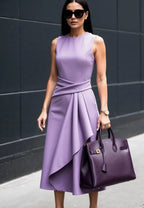 Solid Waisted Sleeveless Asymmetrical Long Work Dress