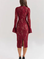 V - Neck Hollow Out Long Sleeve Black Lace Maxi Dress