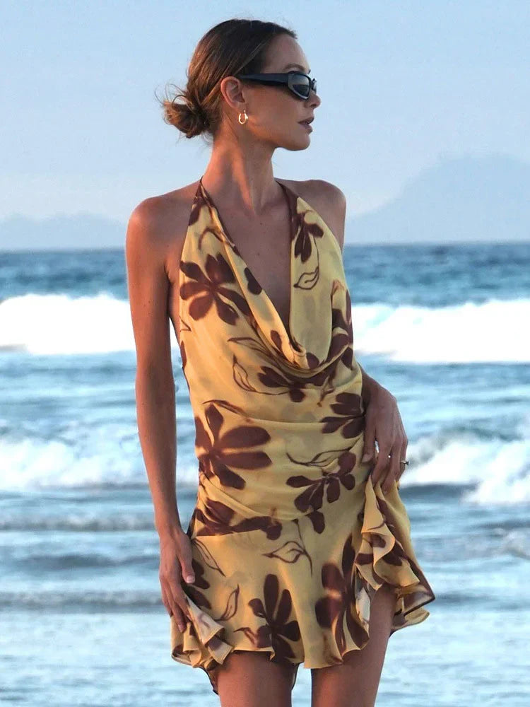 Contrast Print LaceUp V Neck Mini Dress