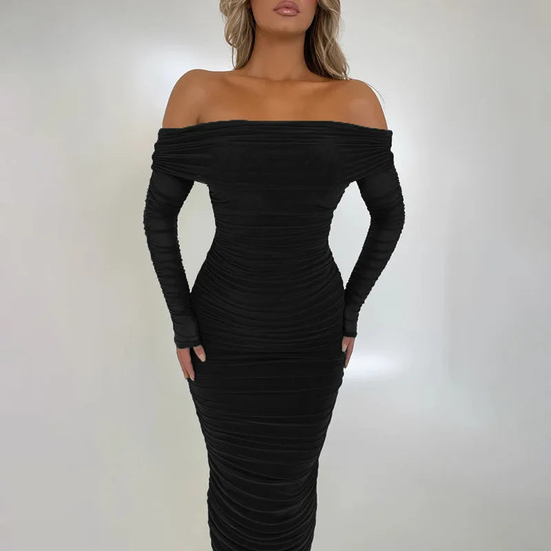Off - shoulder Slash Neck Solid Maxi Dress