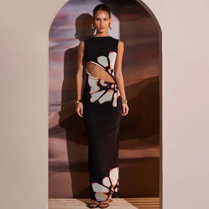 Hollow Sleeveless Oneck Floral Dress