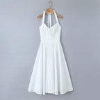 Corset Style Bow Halter Spliced Lace Midi Dress