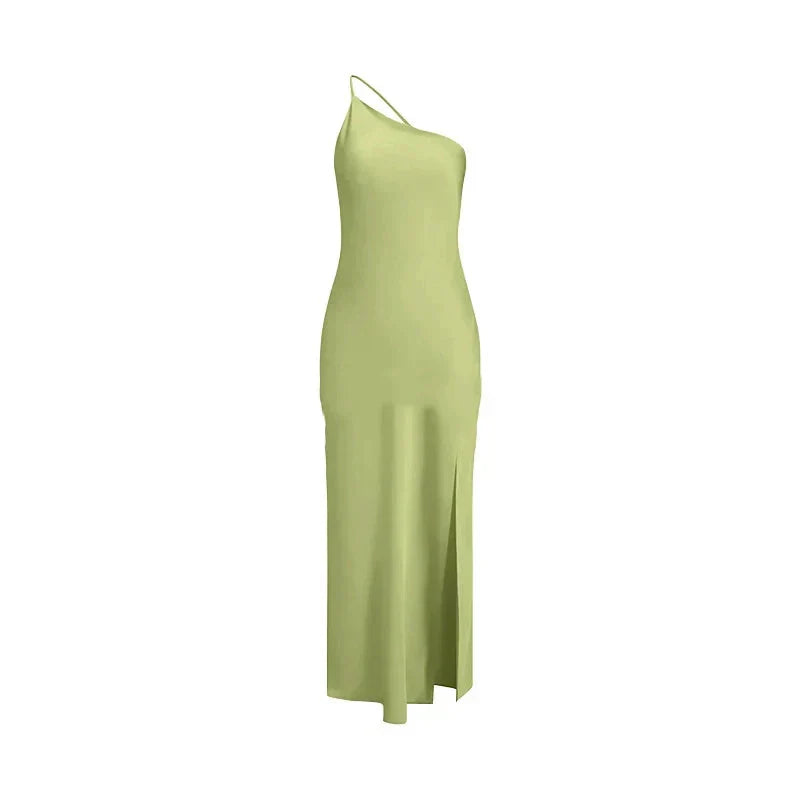 Backless Satin Slant Shoulder Solid Slit Long Dress