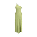 Backless Satin Slant Shoulder Solid Slit Long Dress