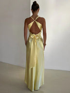 Satin V - neck Back Strappy Bow Maxi Dress