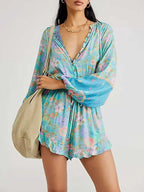 Floral Tie Vneck Long Sleeve Romper
