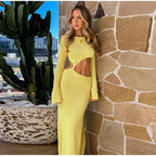 Knitted Hollow Out Solid O - neck Slit Maxi Dress