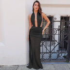 Halter Deep V Neck Lace Sleeveless Long Dress