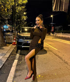 Turtleneck Hollow Out Thigh High Split Dress