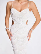 Women V Neck White Pearl Beading Maxi Dress