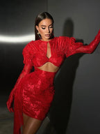 Gloves Long Sleeves Lace Floral Dress