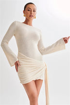 Floral Draped Open Back Knit Long Sleeve Mini Dress