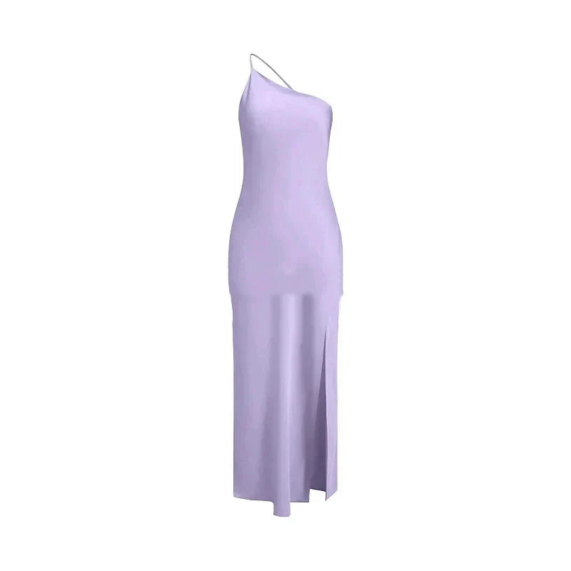 Backless Satin Slant Shoulder Solid Slit Long Dress