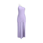 Backless Satin Slant Shoulder Solid Slit Long Dress