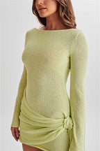 Floral Draped Open Back Knit Long Sleeve Mini Dress