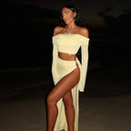 Solid High Split Bohemian Off Shoulder Two Piece Skirt Set