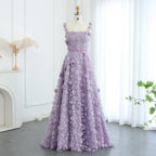 Lilac 3D Embroidered Flowers High Slit Evening Dress