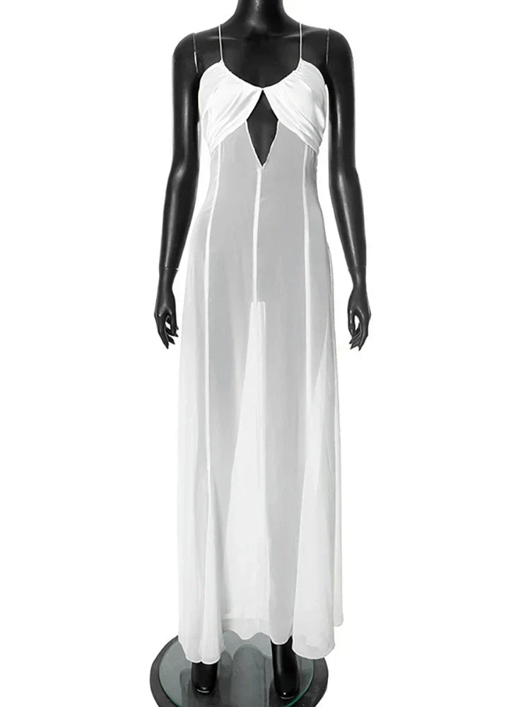 Mesh White Spaghetti Strap Hollow Out Dress
